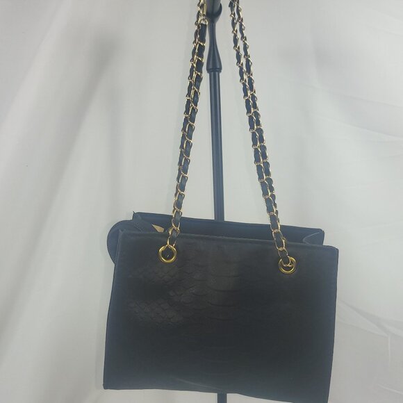 Black Vegan Leather Shoulder bag Crossbody with Gold Chain Accents - Picture 2 of 9